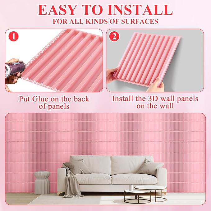 Nuanchu 32 Pcs 3D Wall Panels, 12"x12" PVC Fluted Tiles, Pink | Waterproof Accent Panels, Paintable Wall Tiles, for TV Background, Bedroom, Bathroom, Gaming Room, Cuttable Home DIY Decor