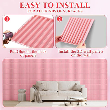 Nuanchu 32 Pcs 3D Wall Panels, 12"x12" PVC Fluted Tiles, Pink | Waterproof Accent Panels, Paintable Wall Tiles, for TV Background, Bedroom, Bathroom, Gaming Room, Cuttable Home DIY Decor