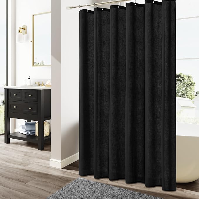 72 Inch Black Linen Shower Curtain, Linen Textured Weighted Cloth Fabric Boho Shower Curtain for Bathroom, Water Repellent, Simple Hotel Spa Luxury Bathroom Decor, 72x72