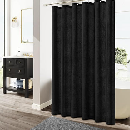 72 Inch Black Linen Shower Curtain, Linen Textured Weighted Cloth Fabric Boho Shower Curtain for Bathroom, Water Repellent, Simple Hotel Spa Luxury Bathroom Decor, 72x72