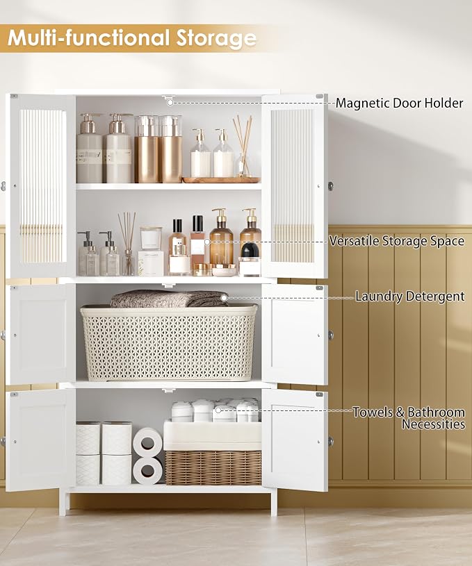 Akxomel 43.3'' H Bathroom Storage Cabinet with 6 Doors Adjustable Shelf | Bathroom Floor Cabinet, Linen Cabinet with Transparent Doors, Modern Bathroom Cabinet, Living Room, Kitchen, White