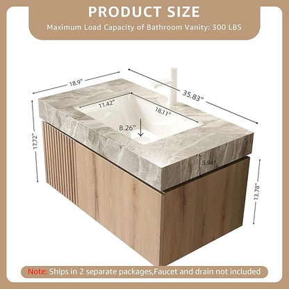36” Floating Bathroom Vanity with Sink, Wall-Mounted Cabinet with Drawer & Doors, Gray Travertine-Pattern Sintered Stone Top, Undermount Basin, Single Faucet Hole, Soft-Close, Pre-Assembled, Light Oak