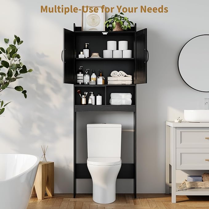 GarveeHome Over the Toilet Storage, Anti-Tip, Adjustable Shelf, Black | Bathroom Cabinet, Toilet Paper Holder, Sturdy Build, for Bathroom Restroom Laundry