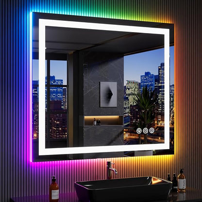 LOAAO 40"X38" RGB LED Bathroom Mirror with Lights, UL Listed | Anti-Fog, Dimmable, RGB Backlit + Front Lighted, Memory Function, Tempered Glass