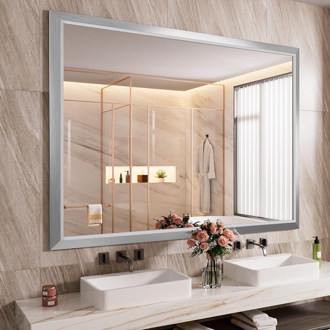 Bathroom Mirror for Wall, 55x40 Inch (Brushed Silver) | HD Reflection, Tempered Glass, Thick Metal Framed Rectangle Mirrors for Over Sink, Bedroom, Living Room, Entryway, Anti-Rust.