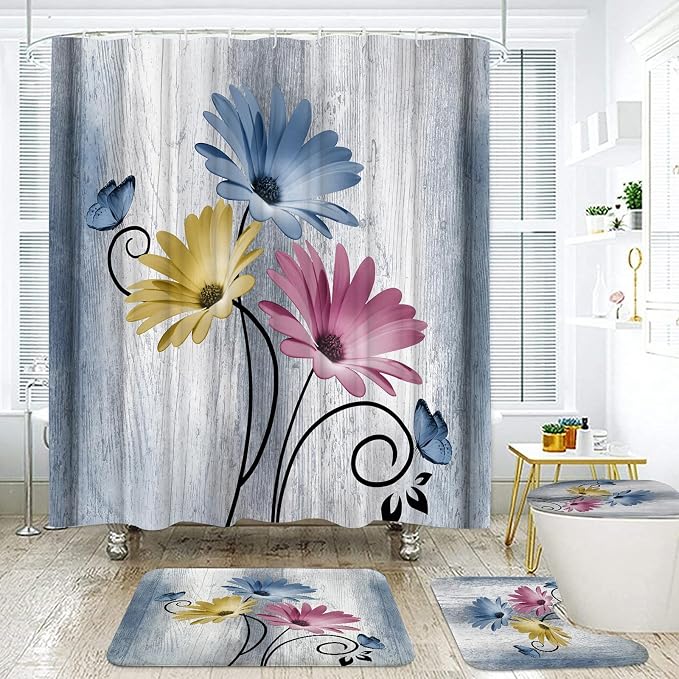 Onalasyc 4PCS Hot Pink Daisy Bathroom Sets with Shower Curtain and Rugs | Country Floral Butterfly Shower Curtain Set,Modern Bathroom Decor Shower Curtains Set with Rugs Toilet Lid Cover and 12 Hooks
