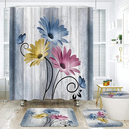 Onalasyc 4PCS Hot Pink Daisy Bathroom Sets with Shower Curtain and Rugs | Country Floral Butterfly Shower Curtain Set,Modern Bathroom Decor Shower Curtains Set with Rugs Toilet Lid Cover and 12 Hooks