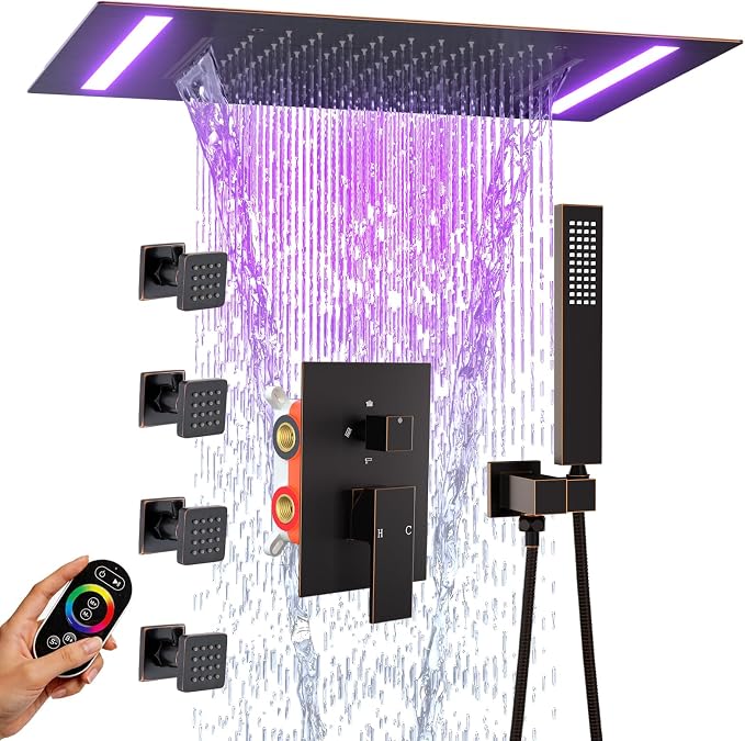 ENGA Oil Rubbed Bronze Shower System with Body Jets, 2 In 1 Functions Ceiling Mount 14x20inch LED Shower Head with 4 Body Jets, Rainfall Waterfall Shower Faucet Set