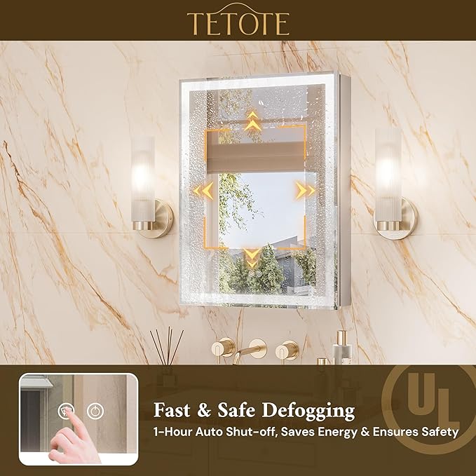TETOTE 48 x 32 Lighted Bathroom Medicine Cabinet with Adjustable Shelves, Silver Aluminum Cabinet, Anti-Fog Stepless Dimmable 3 Colors White/Warm/Natural, Easy to Install(Wall Mount/Recessed)