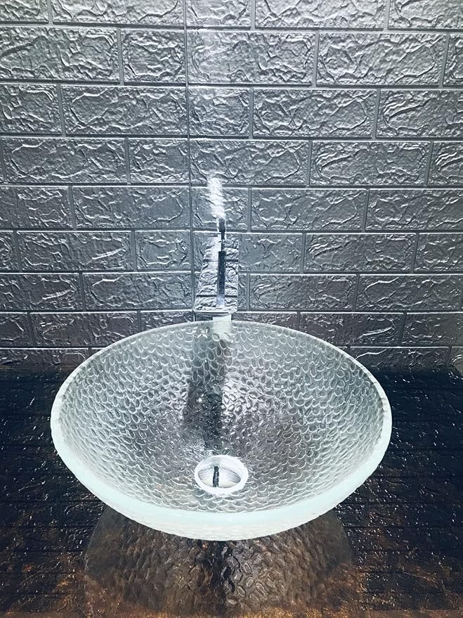 Pearl Series Glass Vessel Sink In Ice Top Raindrop Mount Sinks Above Countertop | Vanity Countertop Clear Transparent Sink Bowl with Pop Up Drain | FW-LA623