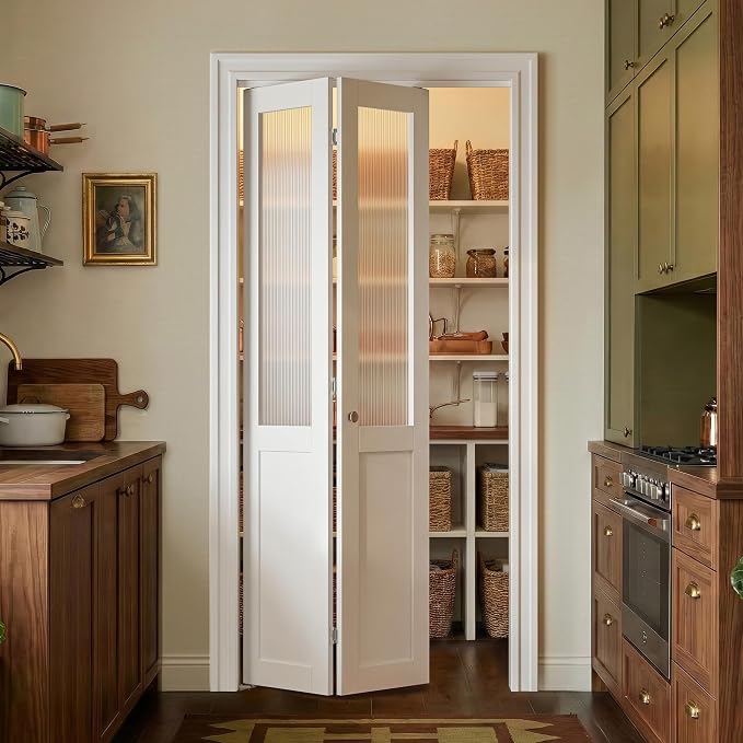 SMARTSTANDARD 36" x 80" Reeded Glass Bifold Closet Doors, Preassembled, MDF | Water-Proof PVC Surface, Half Tempered Glass with Hardware Kit, White Interior Slab for Kitchen, Closet, Pantry, White