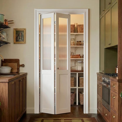 SMARTSTANDARD 36" x 80" Reeded Glass Bifold Closet Doors, Preassembled, MDF | Water-Proof PVC Surface, Half Tempered Glass with Hardware Kit, White Interior Slab for Kitchen, Closet, Pantry, White