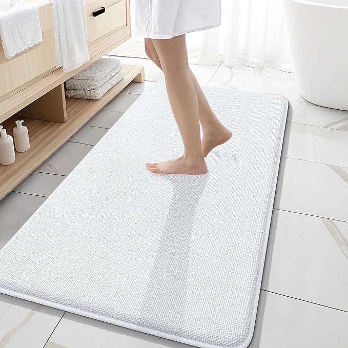 OLANLY Memory Foam Bathroom Runner Rugs 47x20, Absorbent Long Mat, White | Soft Quick Dry Bath Rugs, Non-Slip Carpet, Machine Washable Mat for Bathroom Floor, Tub and Shower, Home Decor Accessories
