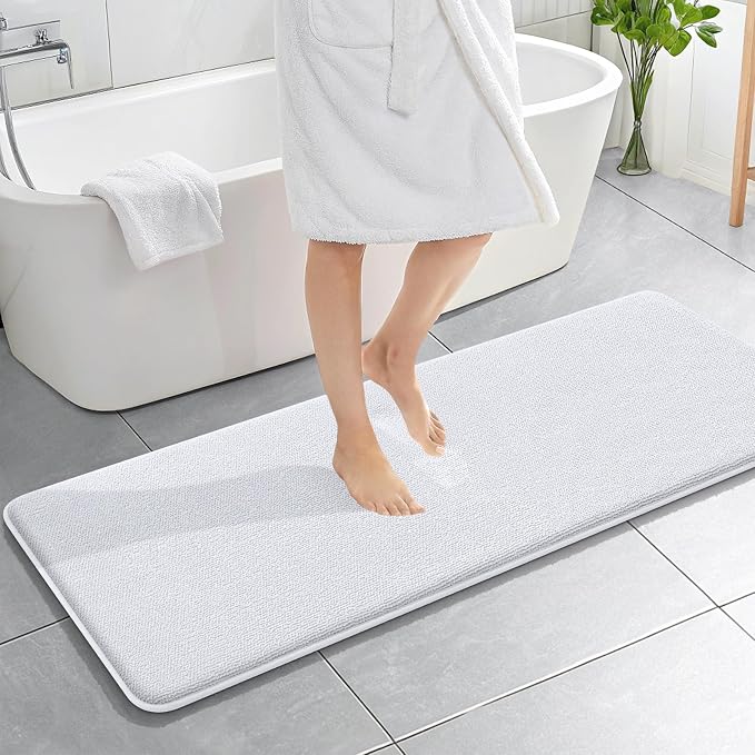OLANLY Memory Foam Bathroom Runner Rugs 59x20, Absorbent Long Mat, White | Soft Quick Dry Bath Rugs, Non-Slip Carpet, Machine Washable Mat for Bathroom Floor, Tub and Shower, Home Decor Accessories
