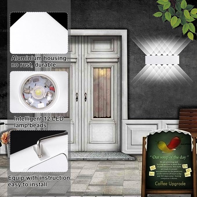 Kawell 12W Waterproof Modern Wall Light LED Wall Lamp Aluminum LED Wall Sconce Up Down Indoor Outdoor for Bedroom Bathroom Hallway Porch Corridor Hotel Doorway Garden Pathway, White 6000K