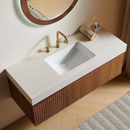 48” Floating Bathroom Vanity with Sink, Wall-Mounted Cabinet with Drawer & Doors, Roma Travertine-Pattern Countertop, Undermount Basin, 3 Faucet Hole, Soft-Close, Pre-Assembled, Brown Oak