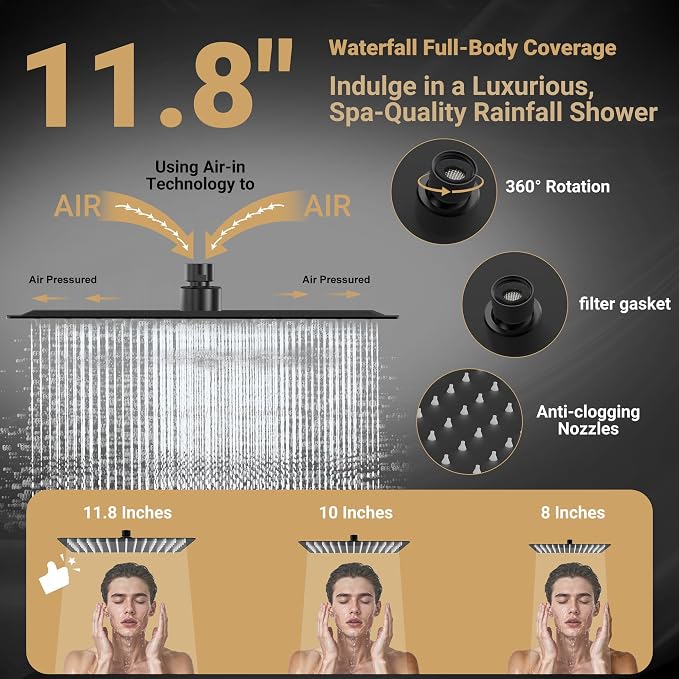 Filtered Shower Head with Handheld, 11.8" Rain Shower Head, High Pressure | 10-Function Spray Options, Adjustable Extension Arm, Secure Adhesive Holder, Easy Installation, Stainless Steel-Black Finish