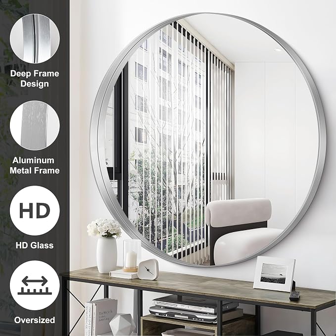 Silver Round Mirror 36 inch Deep Frame Circle Mirror, Metal Framed Bathroom Mirror, Round Vanity Mirror, Circle Mirrors for Wall Entryway Bedroom Living Room Hallway