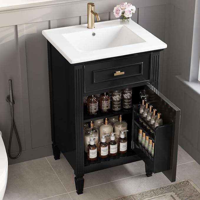 GDFStudio Hawthorne 20" Modern Bathroom Vanity with Sink, Freestanding Bathroom Vanity Organizer with Tilt Out Drawer, Adjustable Shelf and Solid Wood Legs, Single Sink Bathroom Vanity, Black