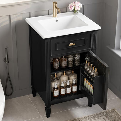 GDFStudio Hawthorne 20" Modern Bathroom Vanity with Sink, Freestanding Bathroom Vanity Organizer with Tilt Out Drawer, Adjustable Shelf and Solid Wood Legs, Single Sink Bathroom Vanity, Black