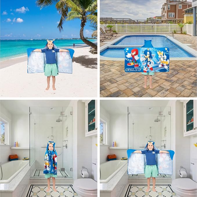 Franco Sonic The Hedgehog,Anime,Bath/Pool/Beach Soft Cotton Terry Hooded Towel Wrap,24 in x 50 in Kids,(Pack of 2)