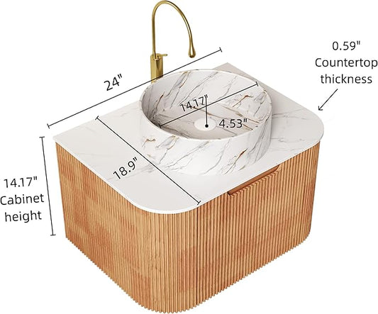 24'' Bathroom Vanities Cabinet with Sink Combo, Wall Mounted Floating Cabinet W/Curved Edges Stripes, Oak Plywood, Soft-close System with a Drawer, White Round Ceramic Basin - Kiel, Natural Wood/S