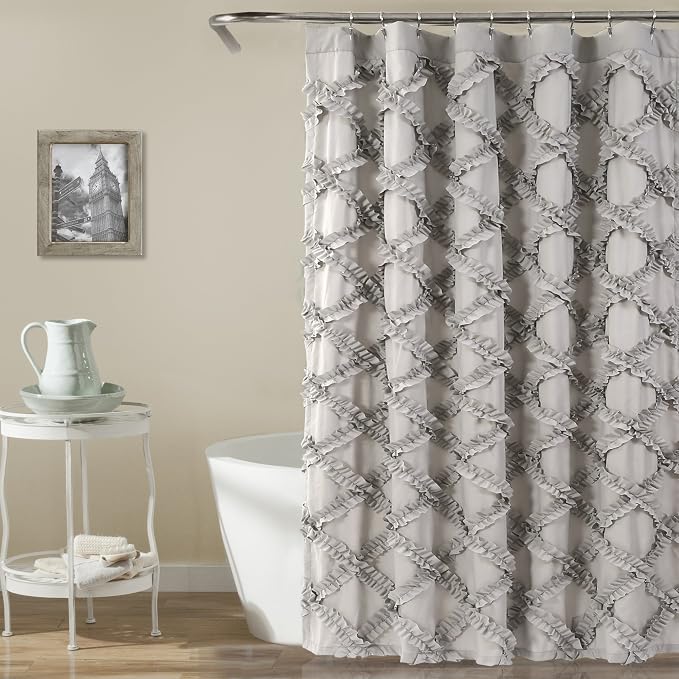Lush Decor Ruffle Diamond Shower Curtain 72"L x 72"L Gray - Fabric Shower Curtains for Bathroom - Gray Bathroom Curtain - Vintage Farmhouse Decor