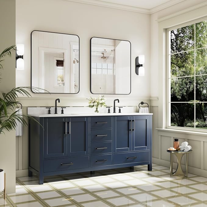 72-Inch Bathroom Vanity with Sink, 4 Soft-Close Doors and 6 Soft-Close Drawers, Bathroom Freestanding Vanity with Cultured Marble Countertop, Navy Blue Vanity with Matte Black Handles