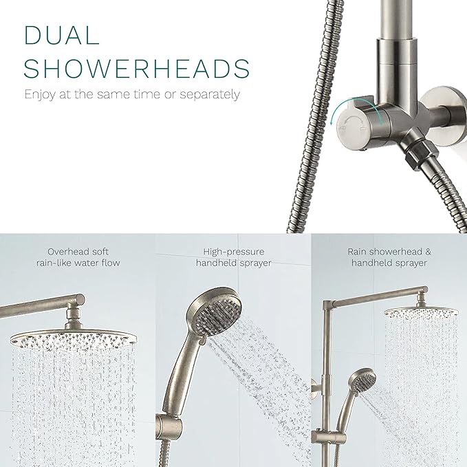 Fennocasa Polaris 3 Retrofit Rain Shower System, 3-Setting Handheld Shower Combo with Slide Bar, 8" Low Profile Shower Head (2.5 GPM Brushed Nickel)