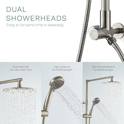 Fennocasa Polaris 3 Retrofit Rain Shower System, 3-Setting Handheld Shower Combo with Slide Bar, 8" Low Profile Shower Head (2.5 GPM Brushed Nickel)