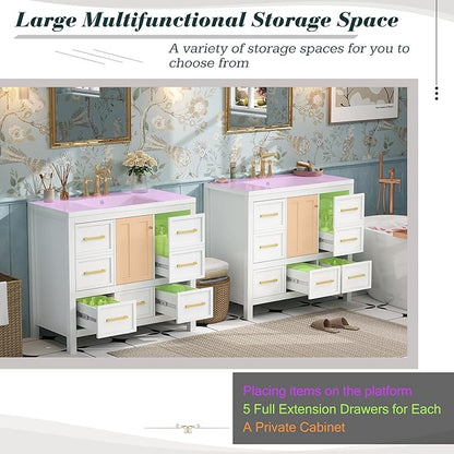 Merax 30 72 Inch White Bathroom Vanity with Double Sink,Modern Double Sink Vanity with 10 Drawers & 2 Spacious Cabinets,Soft Closing Doors with Gold Handles,Solid Wood Frame,Grid Front(2 * 36 Inch)