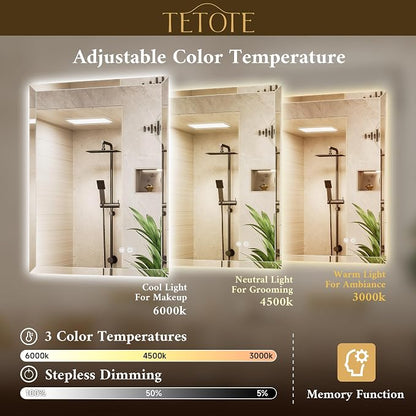 42 x 36 LED Mirror Backlit, Beveled Bathroom Mirror with Backlight, Tempered Glass, 3 Colors Lights, Defogger, Adjustable Brightness, Memory Function, Lighted Mirrors for Bathroom Wall