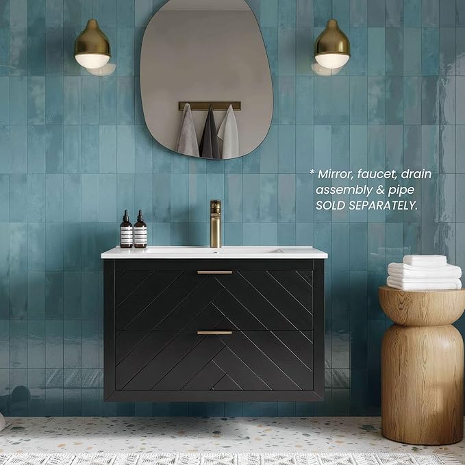 30 in. Wall Mounted Bathroom Vanity with Sink, Fully Assembled Floating Vanity with Double Drawers, Black Finish