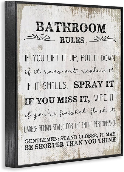 Rustic Bathroom Rules Humor, 16 x 20 Inch Framed Giclée Print