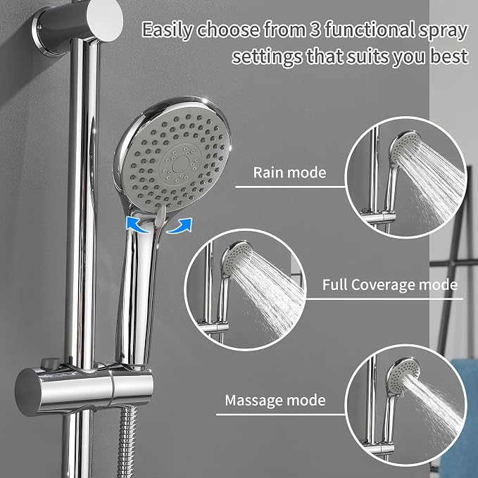 Taplong 26" Shower Slide Bar with 3-Spray Handheld Shower Head, Shower Faucets Sets Complete Wall Mount Shower Valve and Trim Kit Slide Bar Shower System High Pressure Spray Wand —Polished Chrome