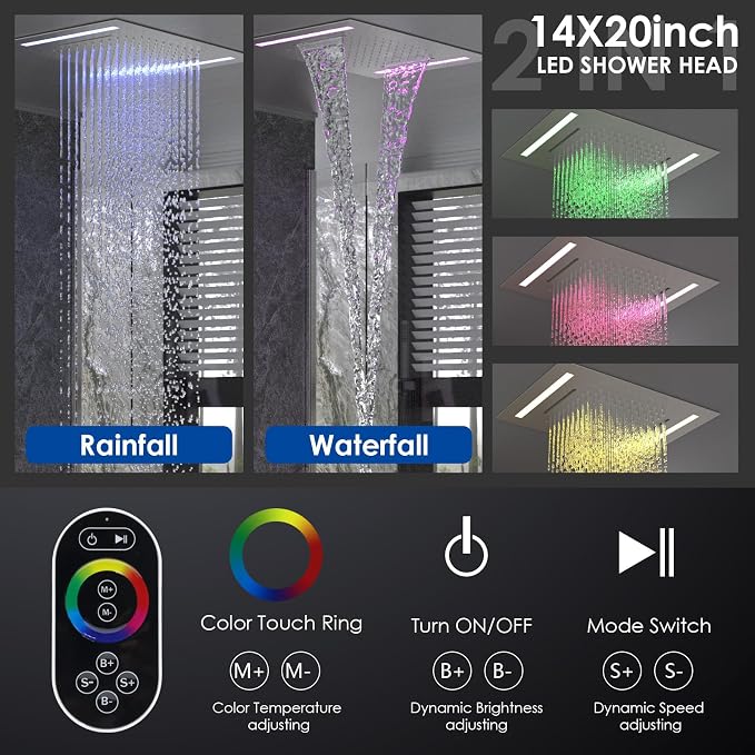 ENGA Dual Rain Shower Head System, 2 In 1 Functions Ceiling Mount 14x20inch LED Shower Head with 6 Inch Shower Head, Rainfall Waterfall Shower Faucet Set, Brushed Nickel