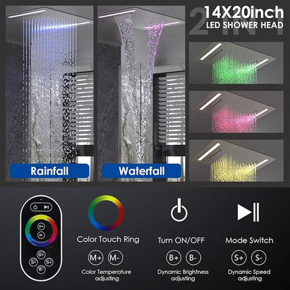 ENGA Dual Rain Shower Head System, 2 In 1 Functions Ceiling Mount 14x20inch LED Shower Head with 6 Inch Shower Head, Rainfall Waterfall Shower Faucet Set, Brushed Nickel