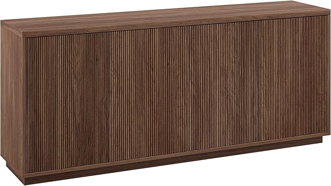 Henn&Hart 68" Fluted Sideboard Buffet Cabinet, Ribbed Modern Wooden Credenza with 4 Doors, Adjustable Shelves, and Cable Management Cut-Outs for Dining Room, Kitchen, or Living Room, Medium Walnut
