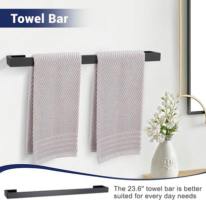 Lairuier Matte Black Bathroom Accessories, 23.6 inches Towel Bar Set | Including Towel Bar, Towel Holder, Toilet Paper Holder, Towel Hook, SUS304 Stainless Steel Bathroom Towel Holder Hardware Set