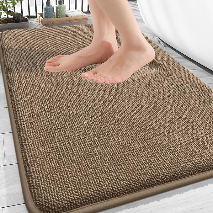 OLANLY Thick Memory Foam Bathroom Rugs 34x21, Soft Absorbent Bath Mat, Tan | Quick Dry Bath Rugs, Non-Slip Carpet, Machine Washable Mats for Bathroom Floor, Tub and Shower, Home Decor Accessories
