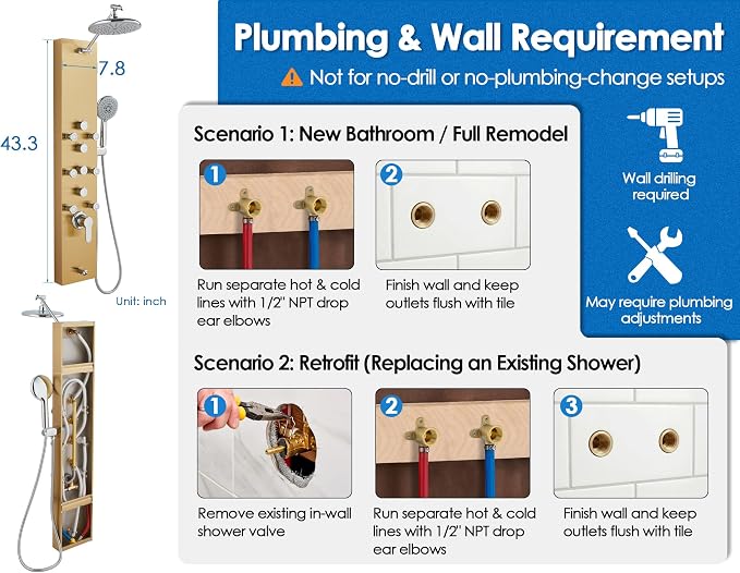 ROVOGO Gold Shower Panel Tower System, 4 Shower Modes Simultaneous Function | Rain Shower Head, Handheld, Body Jets, Tub Spout, Height Adjustable Shower Arm, Stainless Shower Column W/ Brass Valve, 43.3"