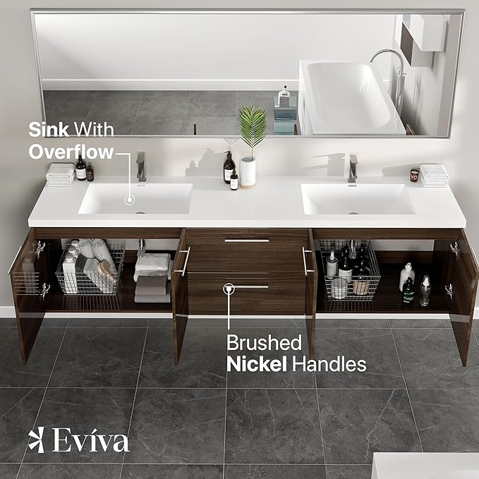 Eviva Lumina 84 in. Gray Oak Wall Mount Double Sink Bath Vanity with Acrylic Top and Integrated Sinks