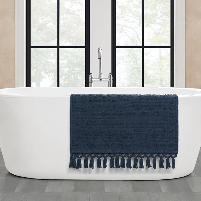 French Connection Nellore Bath Rugs, Woven and Beaded Bath Mats, Durable and Thick Bath Mats for Bathroom and Shower Rugs, 26" x 49", Navy