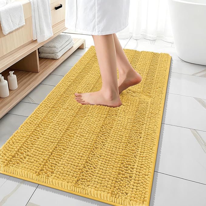 OLANLY Thick Bathroom Runner Rugs 47x20, Soft Chenille Bath Rugs, Yellow | Absorbent Striped, Rubber Backing, Machine Wash, Long Bath Mats for Bathroom Floor, Tub and Shower, Home Decor Accessories