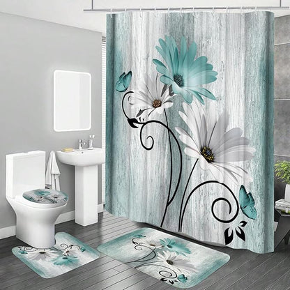 Onalasyc 4PCS Teal Daisy Floral Bathroom Sets with Shower Curtain and Rugs | Country Floral Butterfly Shower Curtain Set,Modern Bathroom Decor Shower Curtains Set with Rugs Toilet Lid Cover and 12 Hooks