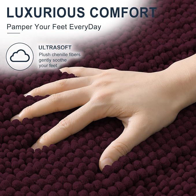 Smiry Thick Chenille Bathroom Runner Rugs 44x24, Bath Mat, Black Cherry | Quick‑Dry & Machine Washable, Non‑Slip Bath Carpet, Soft Striped Bath Rugs for Tub & Shower, Modern Home Decor Accessories