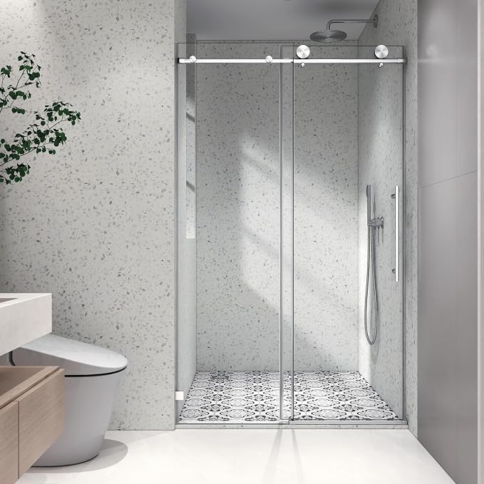 43"-48" Wx 76" H Frameless Single Sliding Shower Door with Adjustable Soft Closing Design and 70MM 304 Large Pulleys,Glass Shower Door W/Explosion-Proof Film Nano Coating,Brushed Nickel
