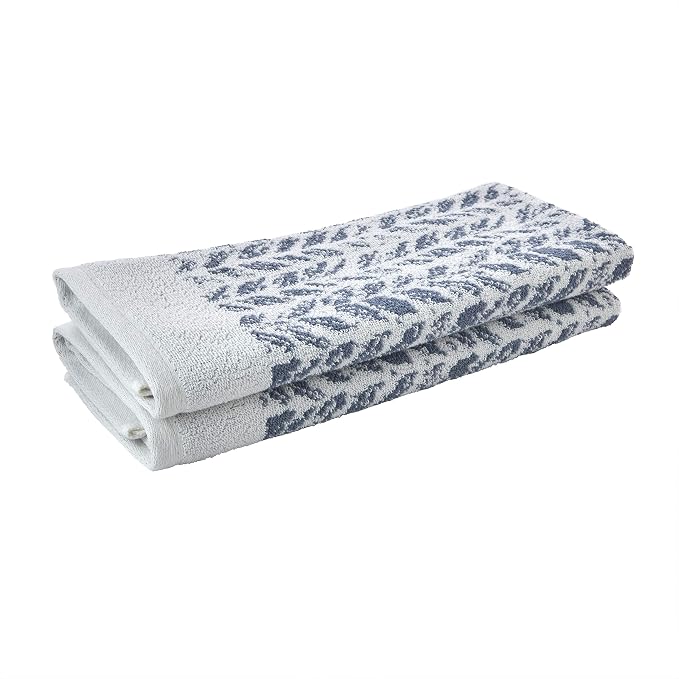 SKL Home Distressed Leaves Hand Towel Set-2pc, Turkish Cotton, Denim Blue | 600 GSM weight. Spa-level quality. Soft & absorbent, reversible jacquard. For the bathroom, kitchen, bar or any sink space.