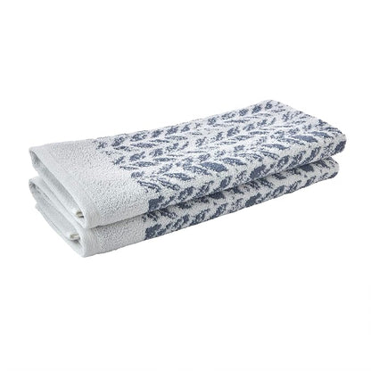 SKL Home Distressed Leaves Hand Towel Set-2pc, Turkish Cotton, Denim Blue | 600 GSM weight. Spa-level quality. Soft & absorbent, reversible jacquard. For the bathroom, kitchen, bar or any sink space.