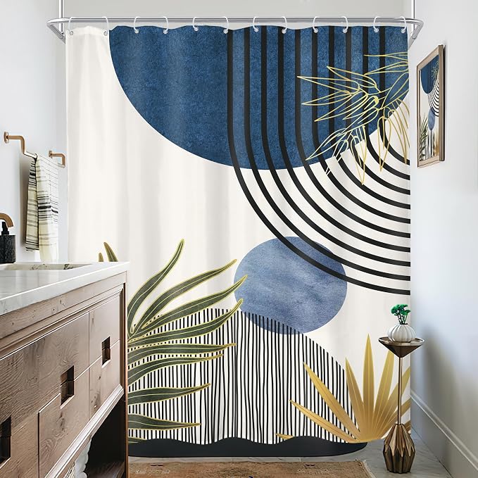 Mid Century Blue Green Boho Abstract Modern Bathroom Shower Curtain Set | 54Wx78H Chic Plants design, waterproof HD print with fast-drying fabric and 12 hooks.